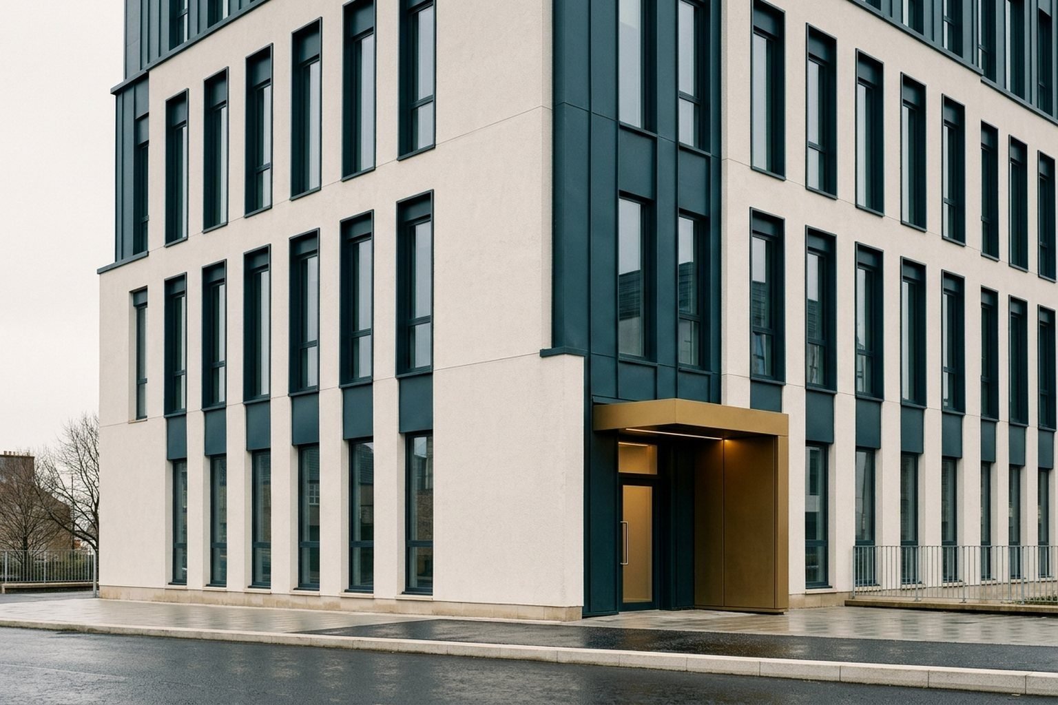 Modern Scottish administrative architecture with cold blue sky and stone textures