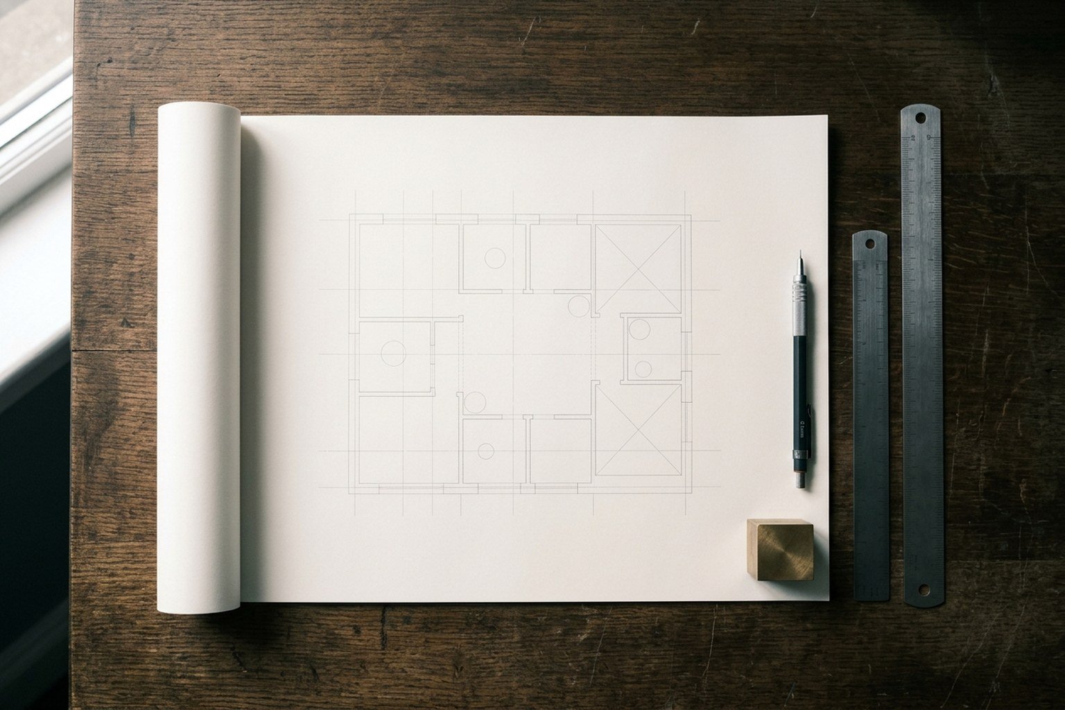 Architectural blueprint drafting table with detailed project specifications and mechanical drafting tools